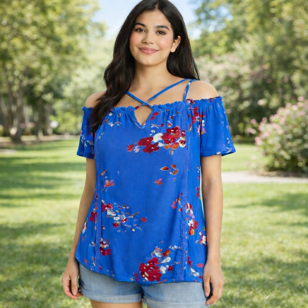 Strappy Off Shoulder Floral Cobalt Blue Flowy Top M